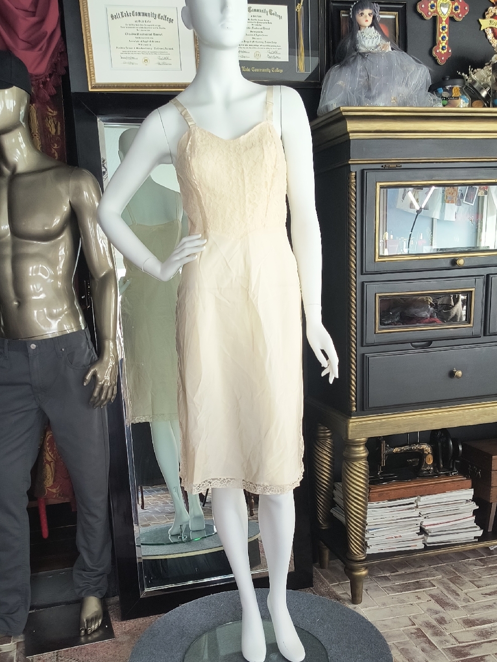 Cream Lace-Trim Vintage-Inspired Slip Dress